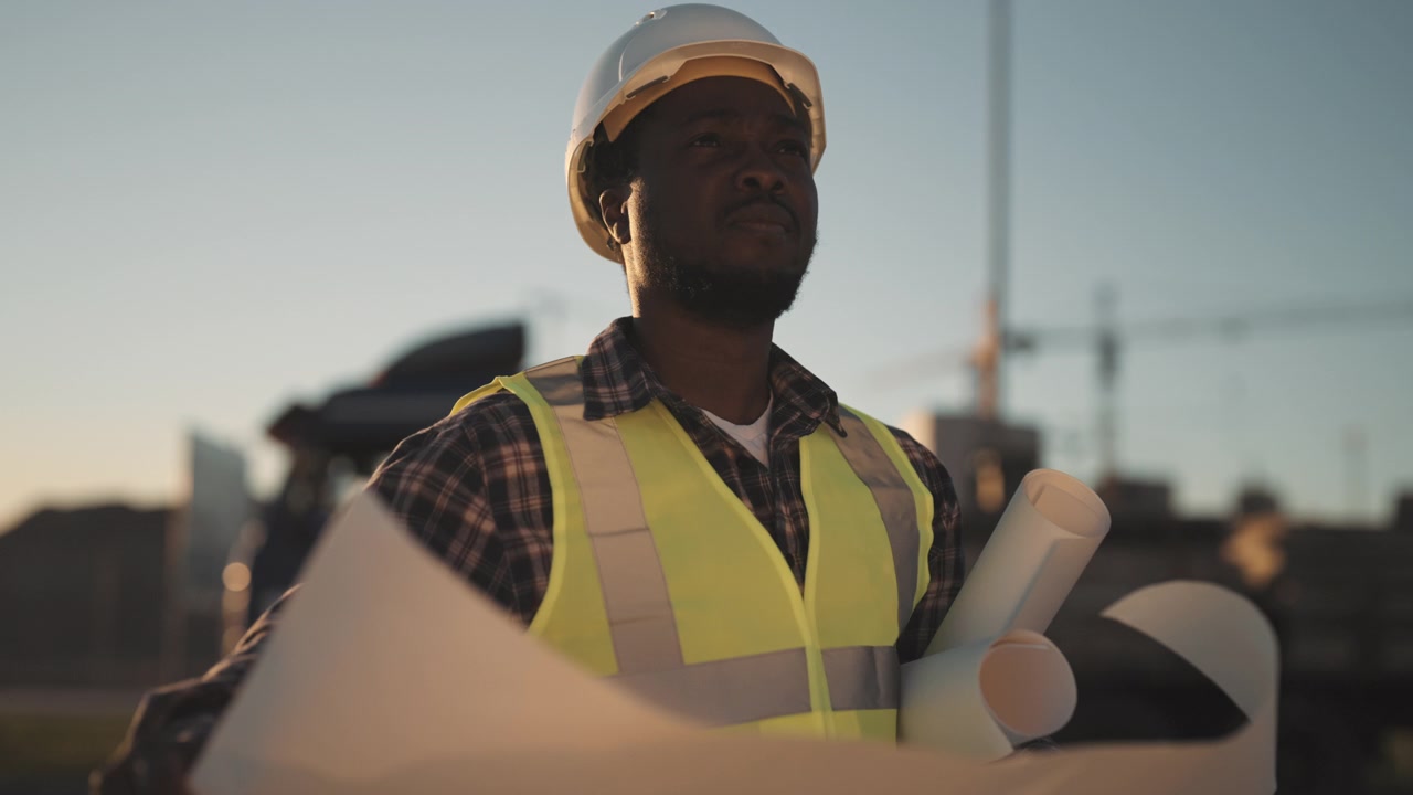 Construction Engineer Reviewing Blueprints at Building Site