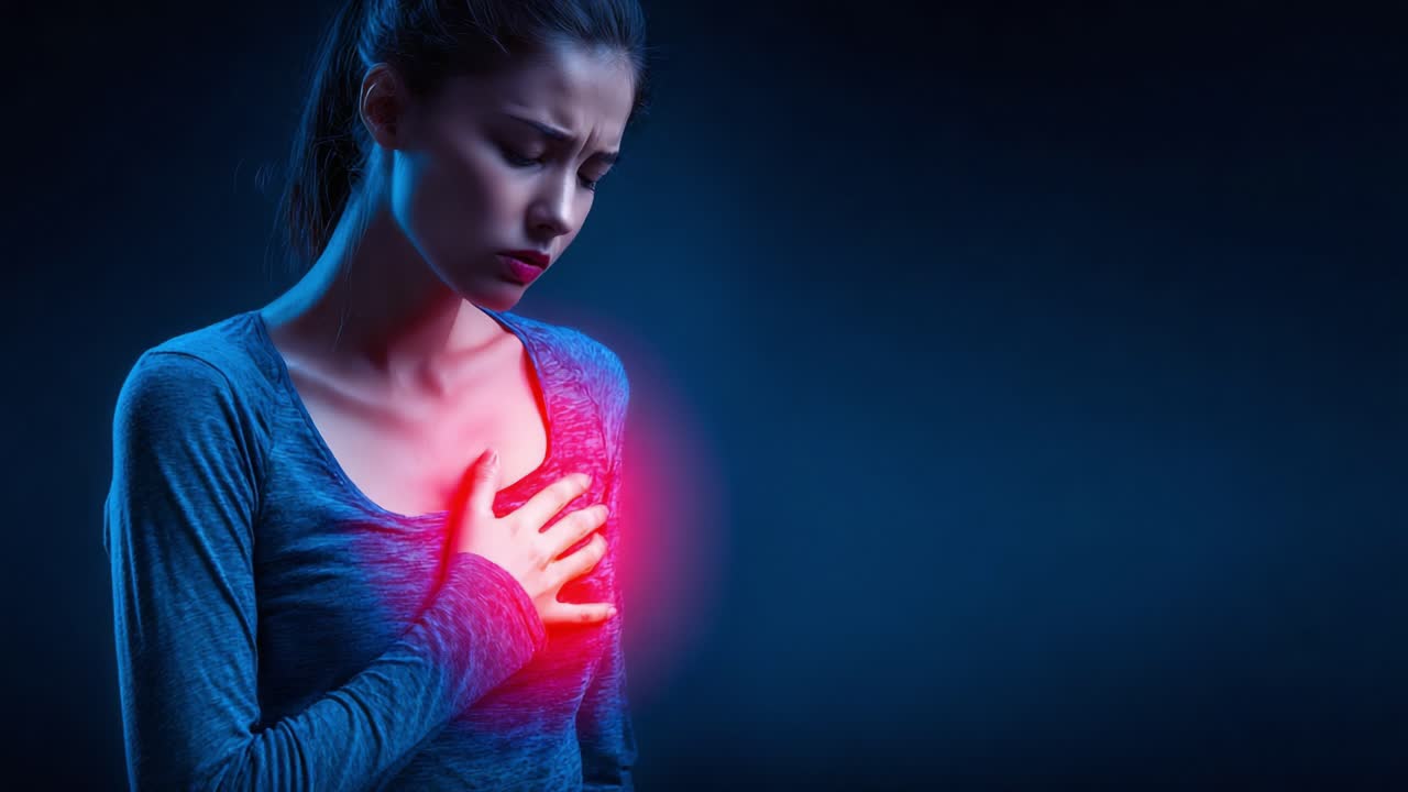 An Affected Young Woman Spotlighted in Darkness, Gripping Her Chest in Distress, Offers a Deep Look into Emotional and Physical Pain with an Intense Expression of Sorrow