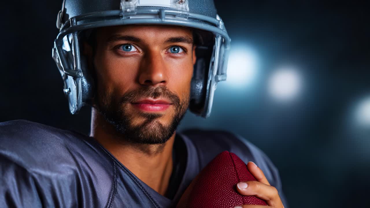 Giocatore di football concentrato con il casco che tiene una palla, a dimostrazione di determinazione e preparazione prima di una partita, enfatizzando l'atletismo e il lavoro di squadra nello sport