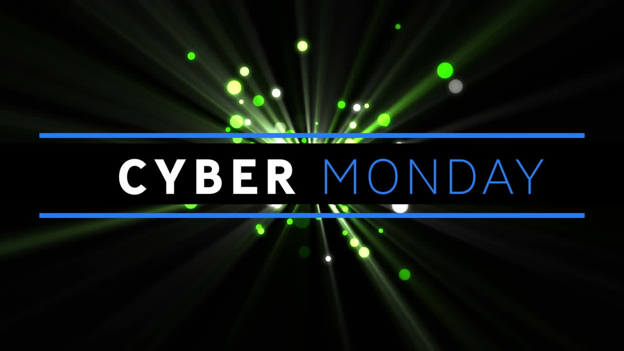 Digital animation of cyber monday text banner against green spots of light on black background