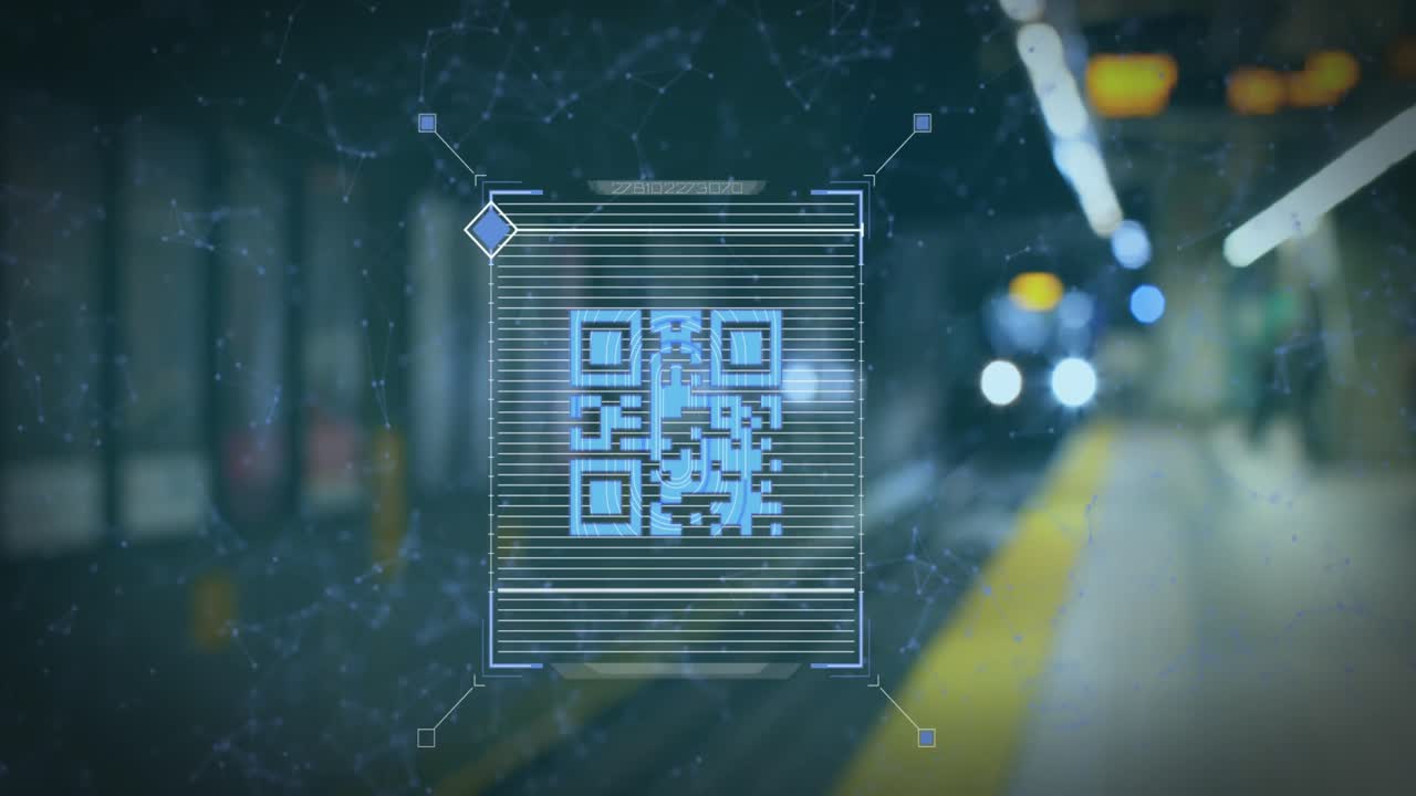 Animation of QR code scanning with blue web connections over underground train