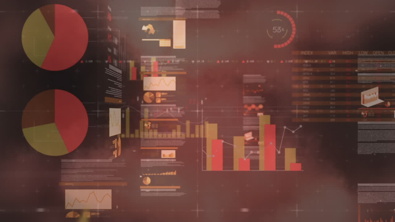 video compuesto de pantallas con procesamiento de datos estadísticos contra nubes en el cielo azul