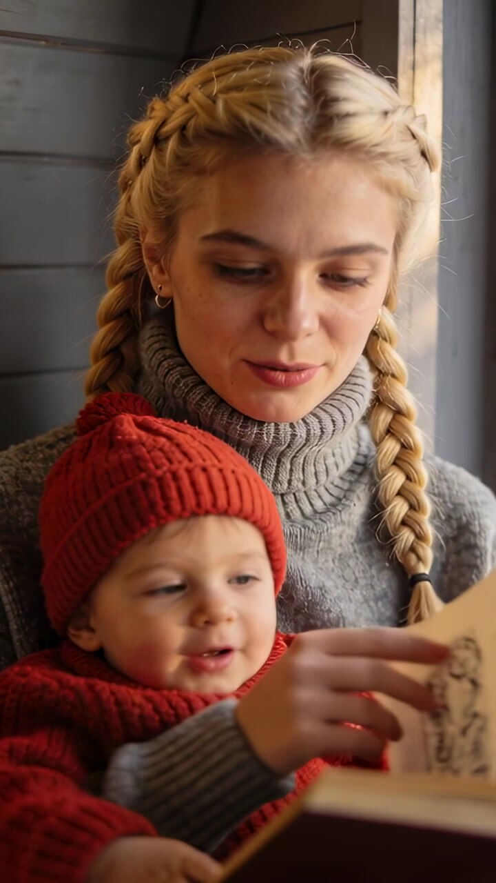 Vertical video: Opening book, mother guiding infant by window pointing pages to engage baby red hat