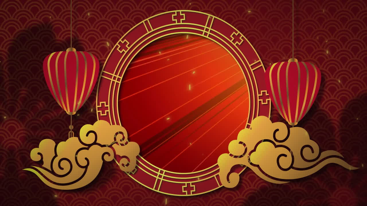 Chinese New Year animation with lanterns and clouds over red circular frame