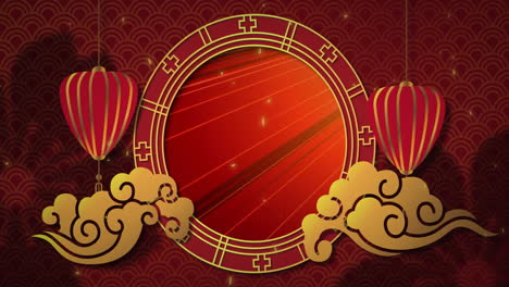 chinese new year animation with lanterns and clouds over red circular frame