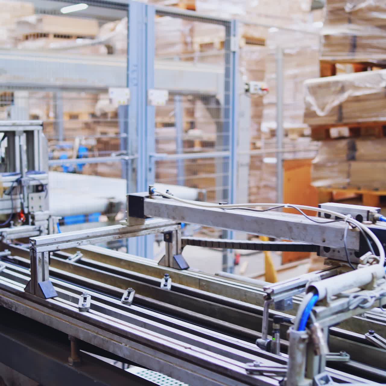 Automated equipment in a woodworking plant. Interior of a modern robotic factory of parquet production.