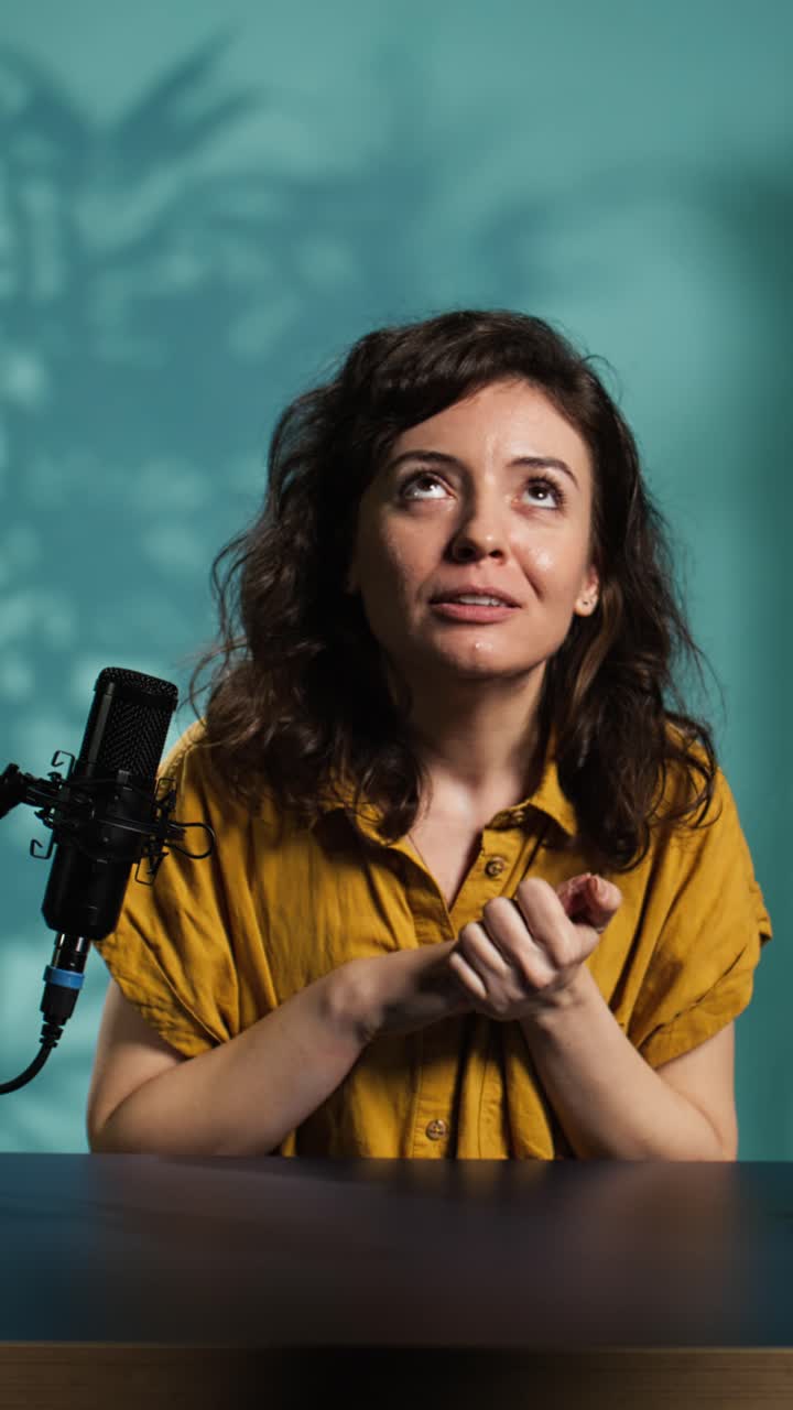 Donna felice che parla e gesticola in uno studio di podcast