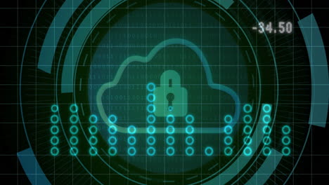 animación del icono de la nube y procesamiento de datos digitales sobre un fondo oscuro