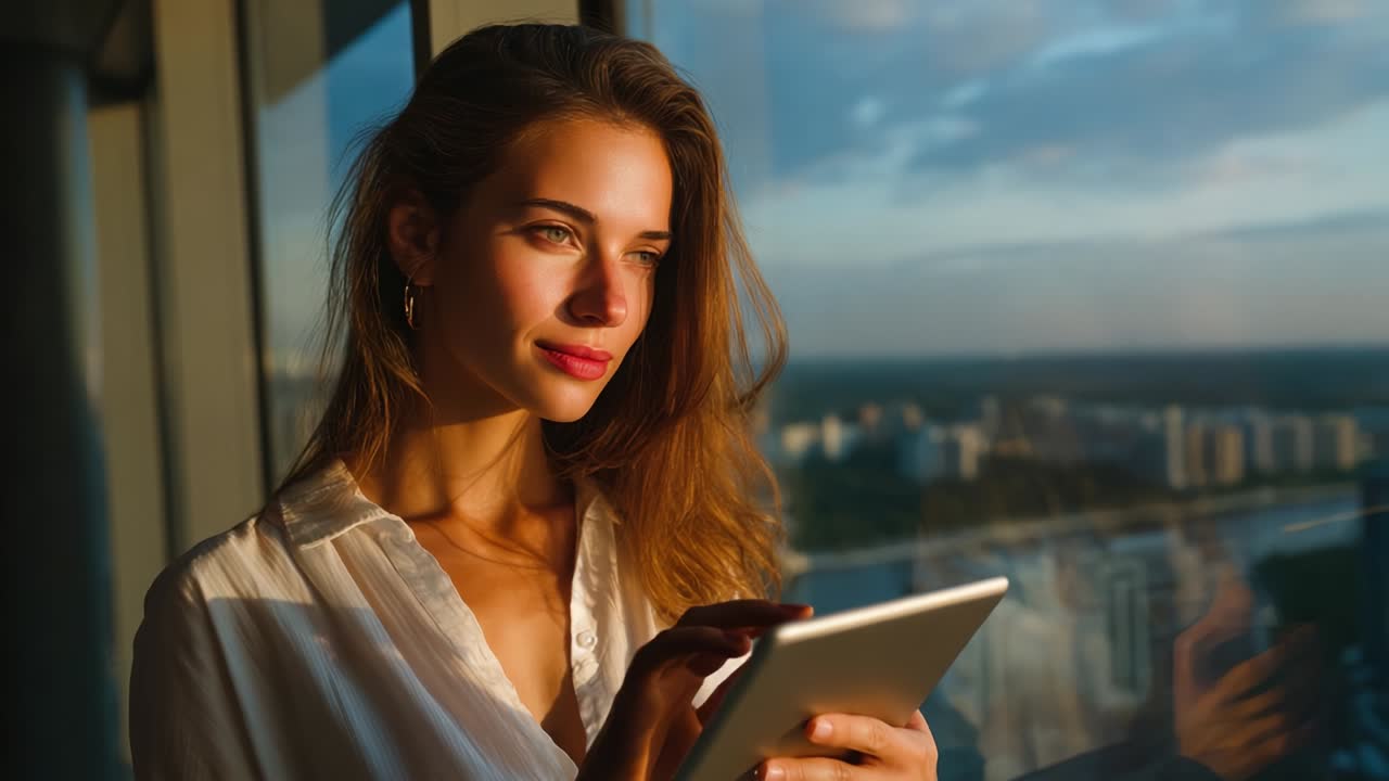 Una giovane donna usa il suo tablet in un moderno grattacielo con vista sullo skyline della città al tramonto, irradiando sicurezza e serenità nella morbida luce naturale