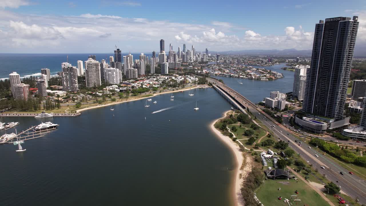 Cityscape Of Southport With Sundale Bridge In QLD, Australia - Aerial Drone Shot
