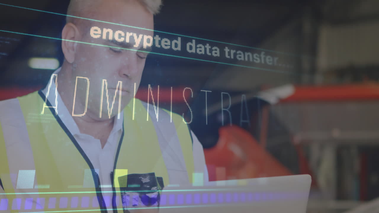 노트북을 사용하여 고시명성 베스트를 입은 남자의 암호화된 데이터 전송 애니메이션