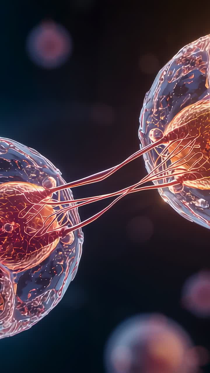 Vertical video: Tethers touching two cells pulling toward orange cores aligning in fluid for signal