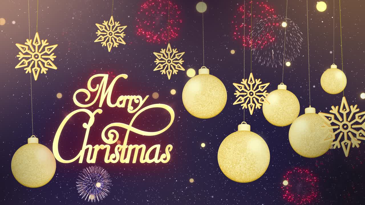Merry Christmas Graphic Design with Ornaments, Snowflakes, and Fireworks