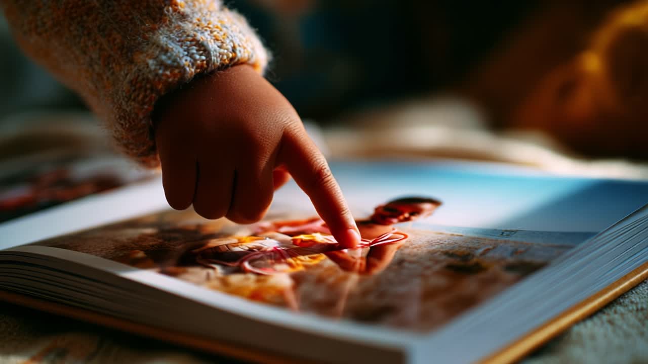 A Curious Child's Finger Points to a Photo in an Open Book, Capturing the Wonder and Exploration of Childhood Through Touch and Discovery