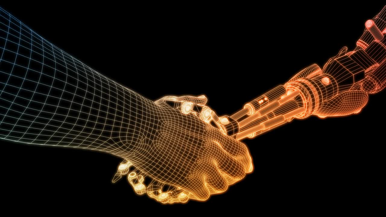 el apretón de manos humano y robótico como un concepto de tecnología empresarial en bucle