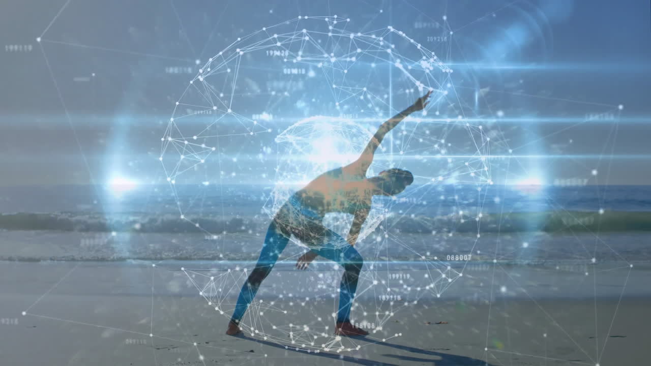 Stretching on beach, person with digital network animation overlay in background