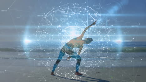 stretching on beach, person with digital network animation overlay in background
