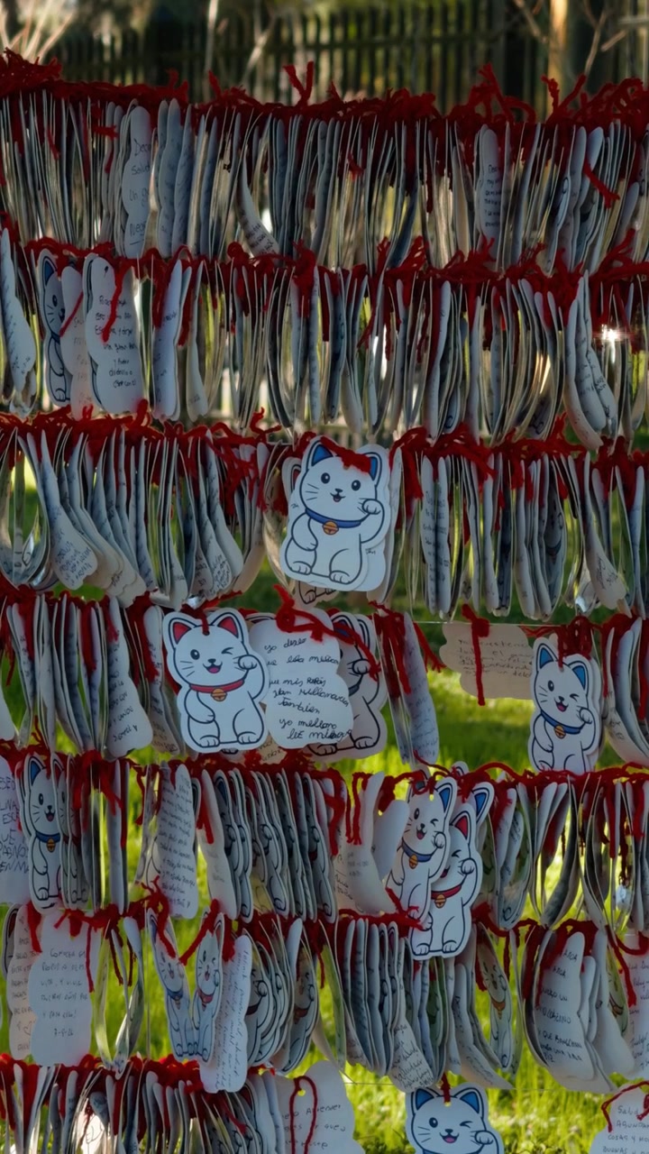 日本の神社に吊るされた招き猫の絵馬の列