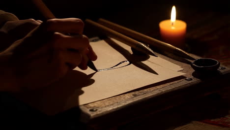 hand writing with a quill by candlelight