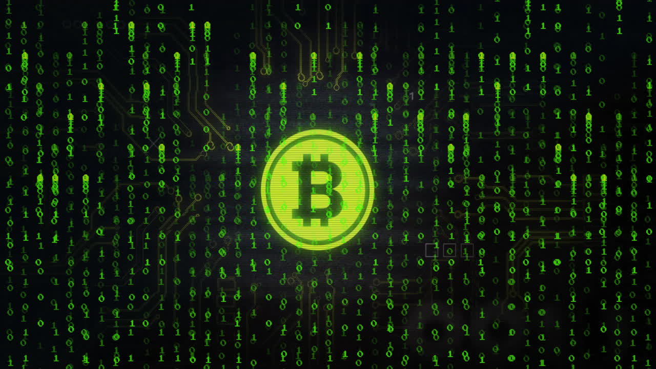 Animation of bitcoin icon over binary coding data processing