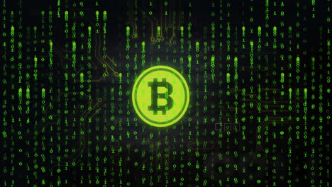 animación del icono de bitcoin a través del procesamiento de datos de codificación binaria