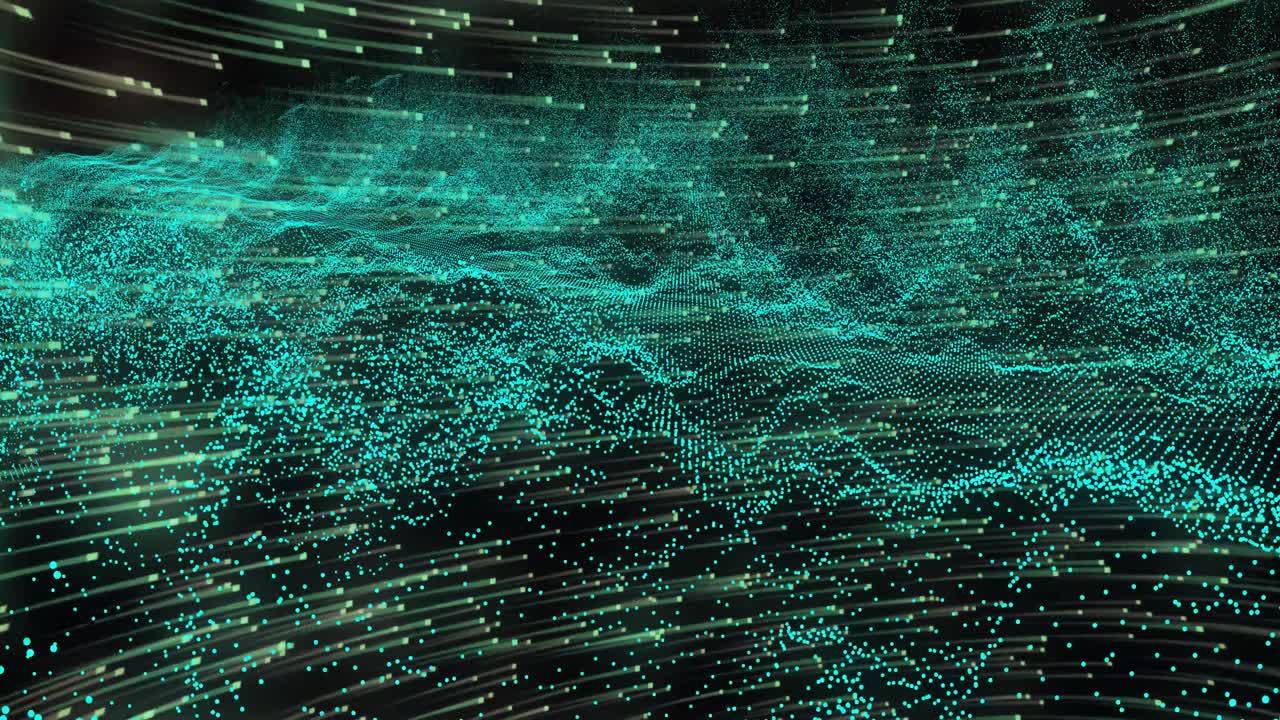 Dark field appearing, teal mesh shifting forward while dots bursting, showing data flow