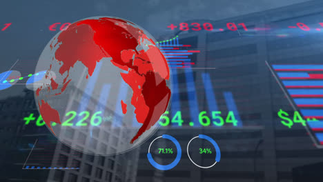 Animación-Del-Giro-Del-Globo-Y-El-Procesamiento-De-Datos-Financieros-Sobre-El-Paisaje-Urbano-De-Un-Edificio-Moderno