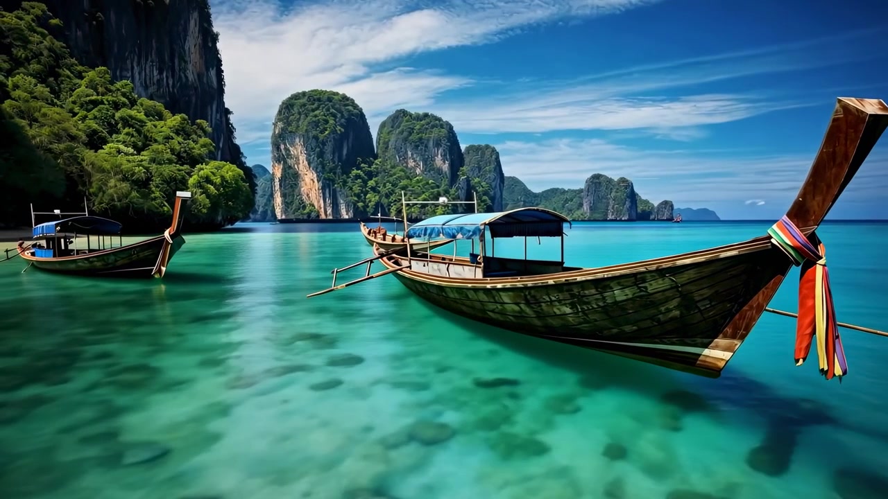 Traditionelle Longtail-Boote ankern in einer tropischen thailändischen Bucht
