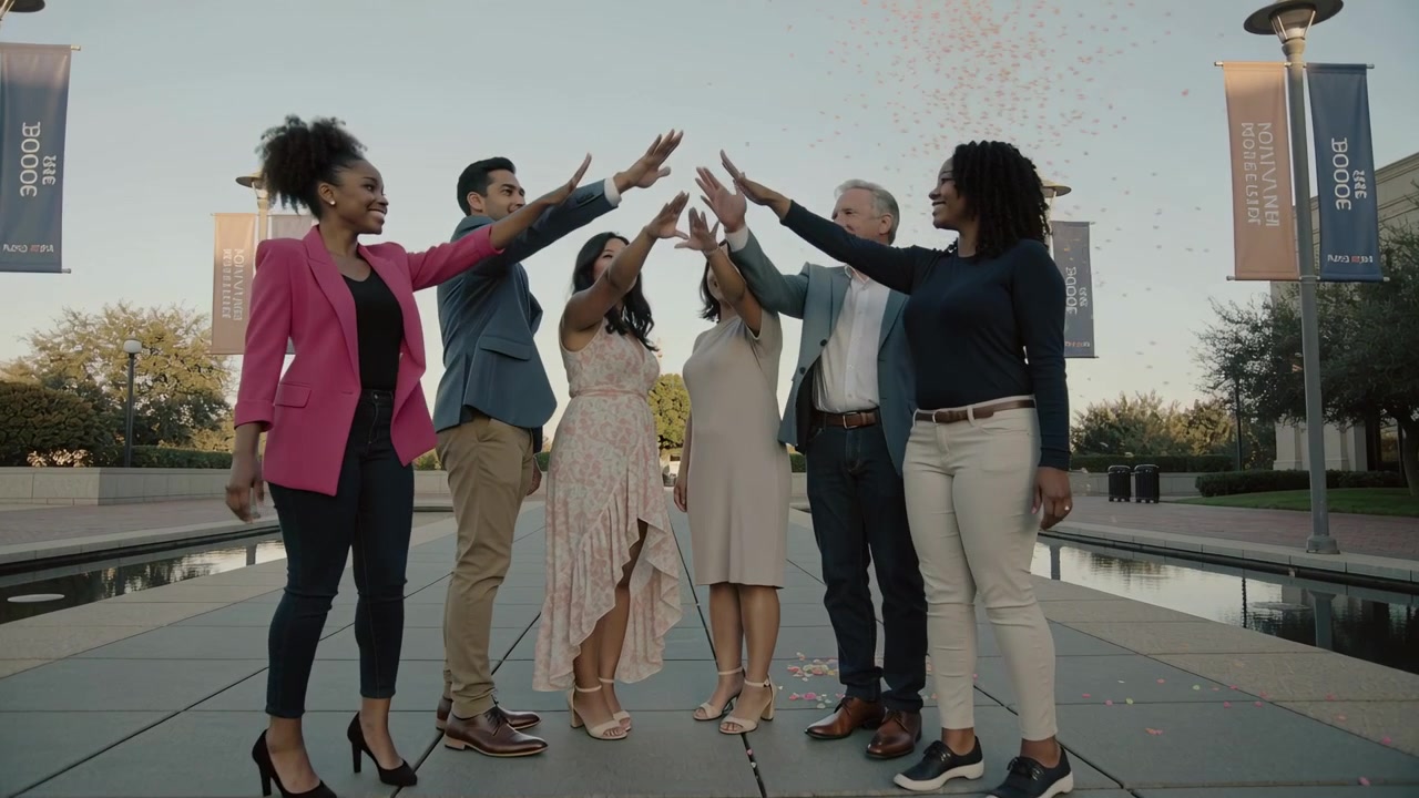 Stepping, six colleagues in blazers closing gap on plaza, joining hands amid confetti celebrating