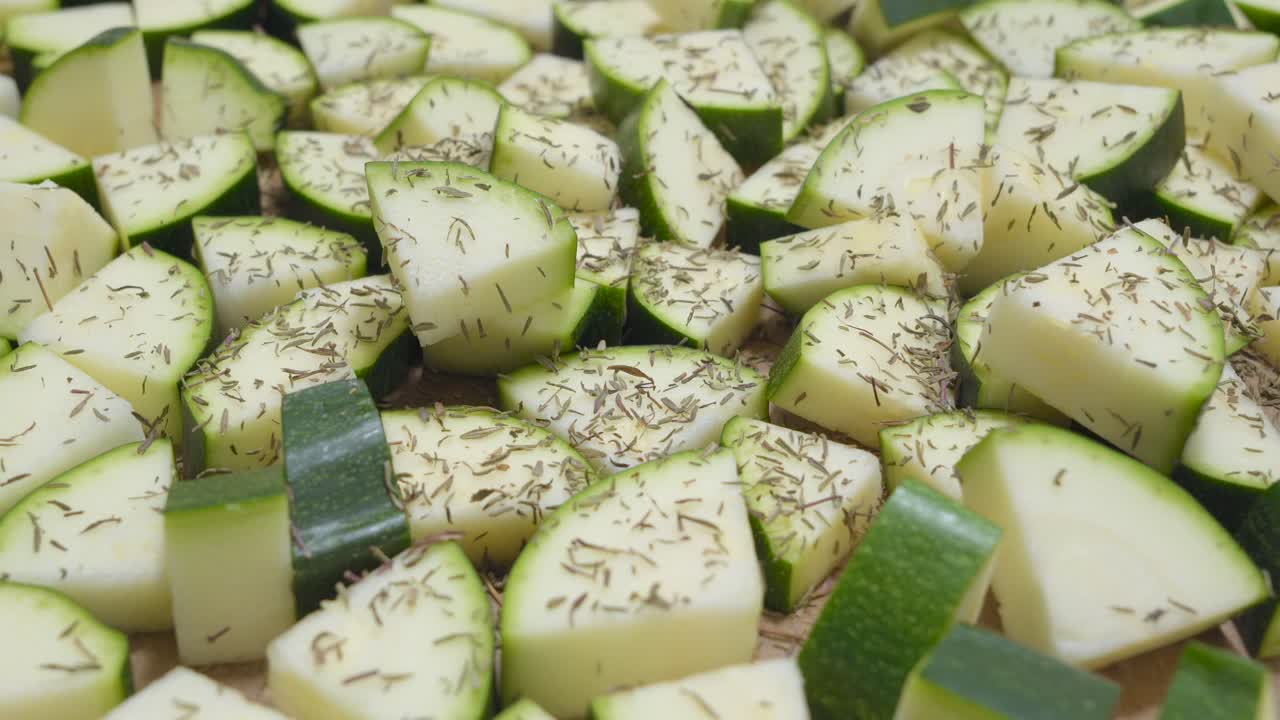 Chunks of zucchini getting seasoned with thyme