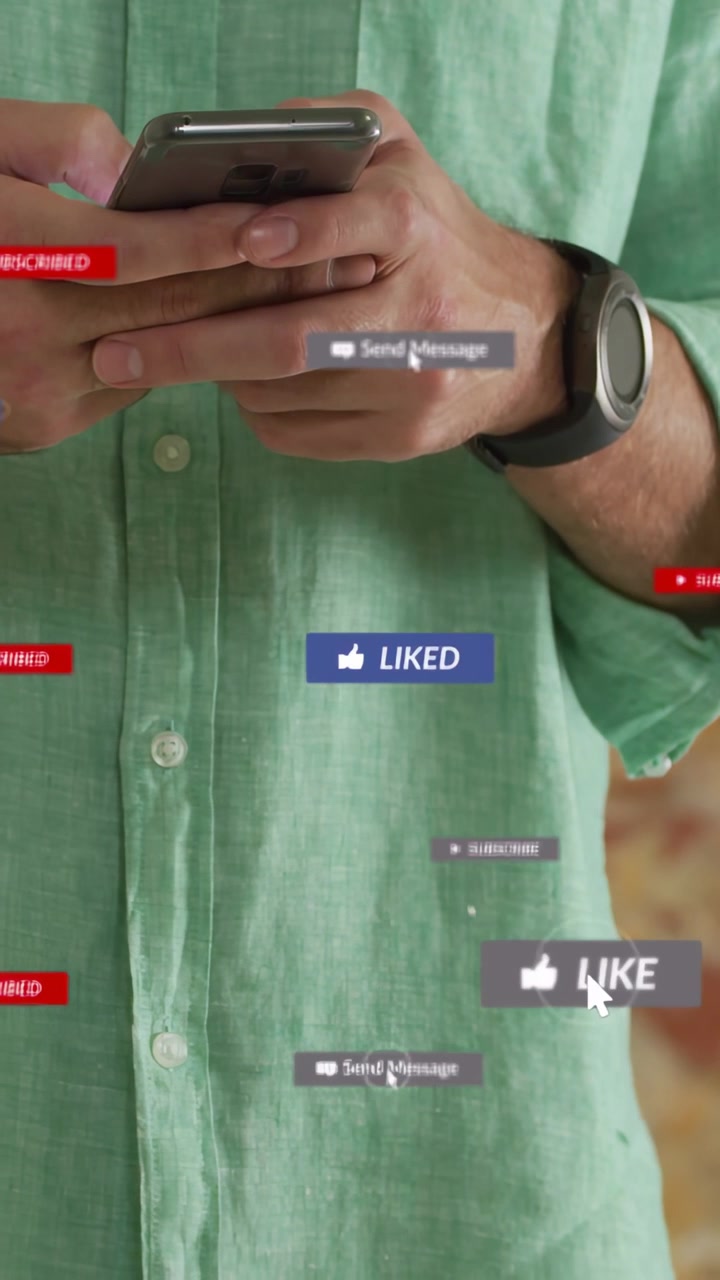 Vertical video: Man tapping phone, engaging social media, activating LIKED and Message Sent icons