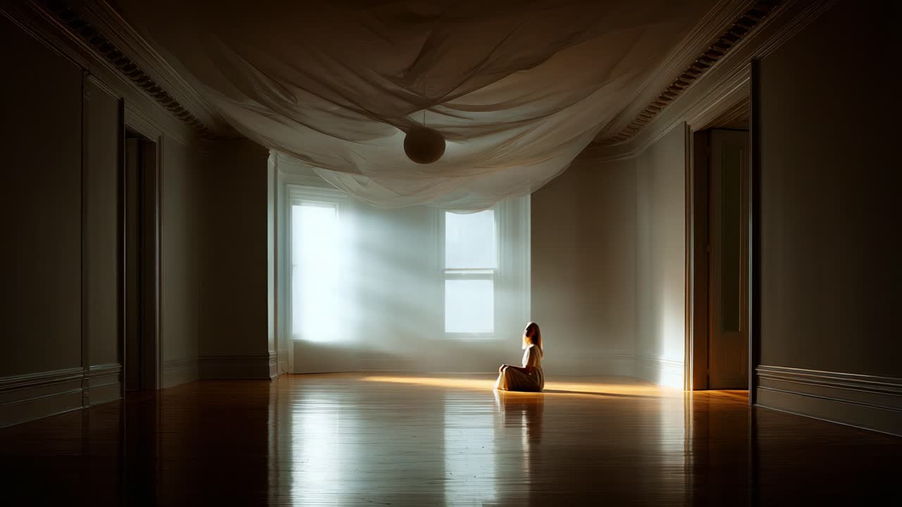 A solitary figure sits in a sunlit, empty room, enveloped by soft drapery above, creating an ethereal atmosphere of tranquility and reflection in an unoccupied space
