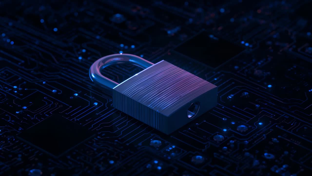 Pulling back camera at start revealing padlock on circuitry, with glowing nodes and security theme