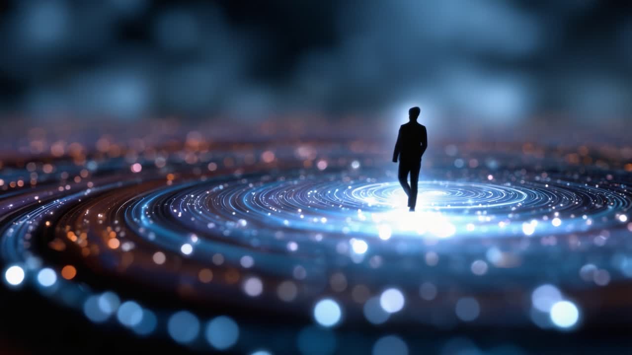 A lone figure stands in a mesmerizing cosmic swirl of light and energy, embodying a sense of wonder amidst swirling patterns of stars and vibrant colors