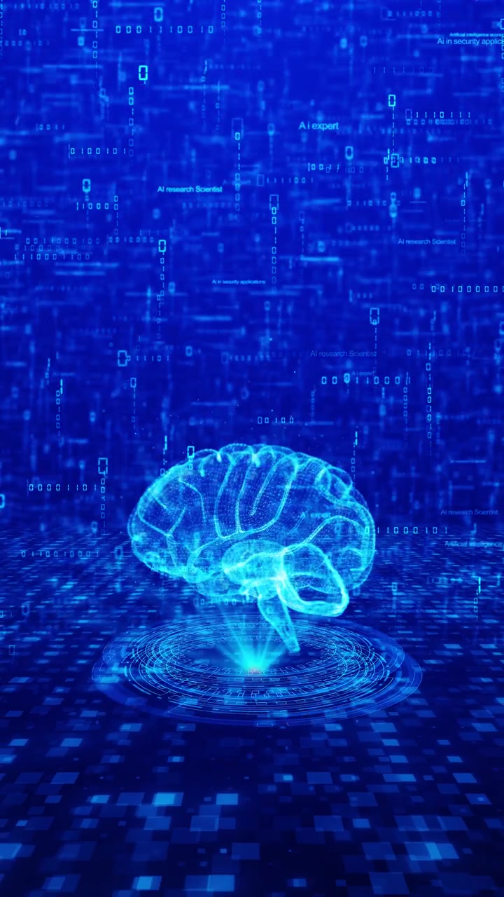 Ai brain digital interface background glowing neural anatomy binary code platform rings blue data