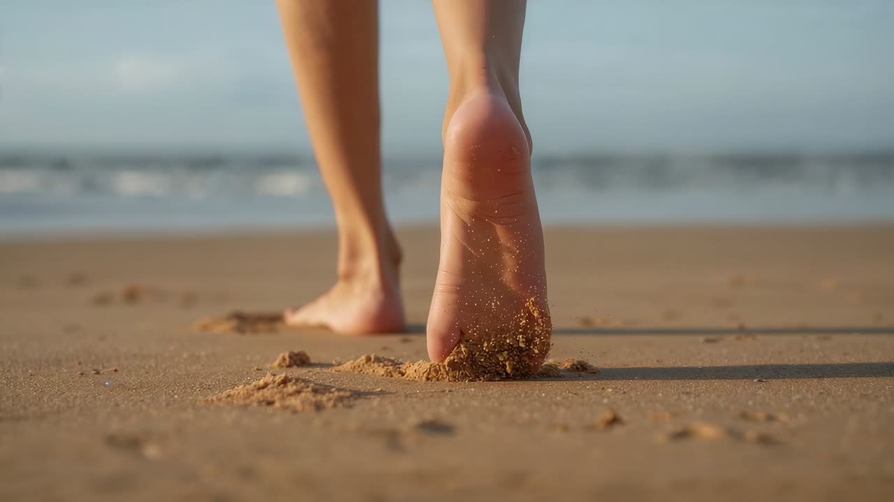 Lifting trailing foot, barefoot woman walking to water on wet sand, leaving footprints and clumps
