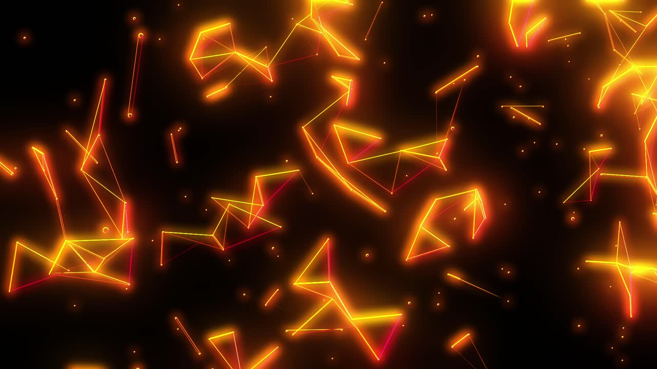 Rotating plexus shapes with glowing golden lines and dots on black ...
