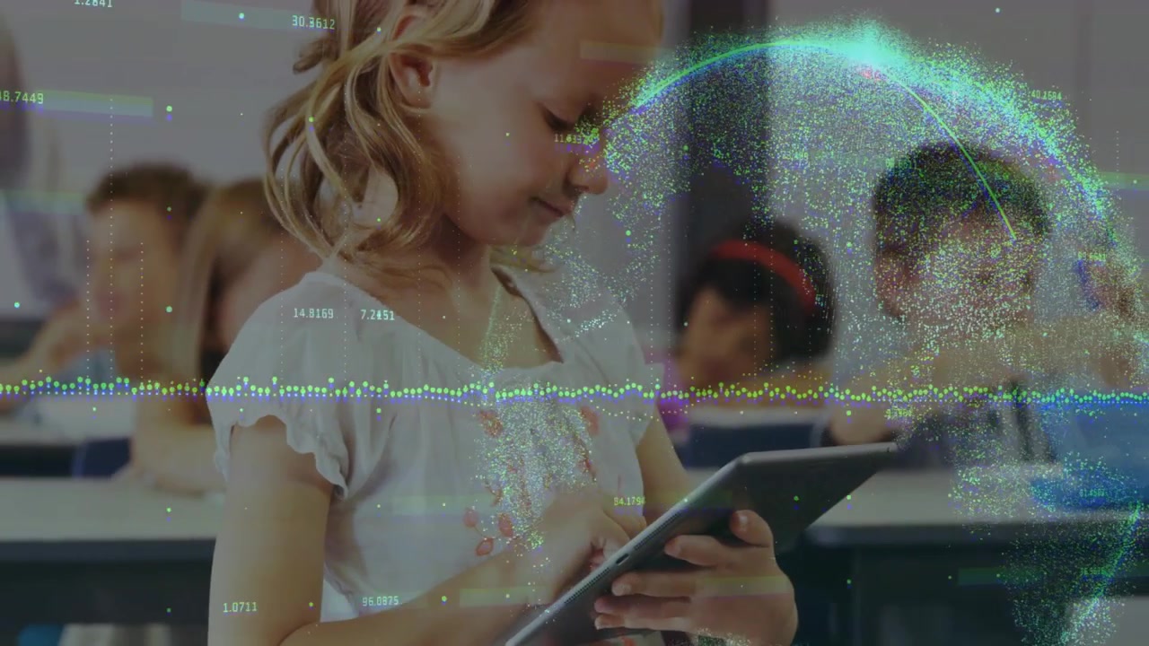 Female student tapping tablet in class, causing waveform and particle globe arc reshaping for study