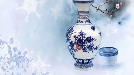 día antiguo tradicional chino japonés estilo de paisaje azul blanco porcelana tinta pintura de hermosos árboles tranquilos, montañas, flores, lago, agua, pájaros, cielo azul, barco, temporada de flores de cerezo