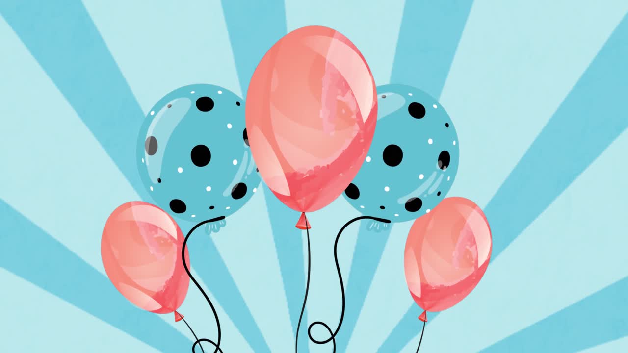 Animazione di palloncini colorati che volano su sfondo blu.