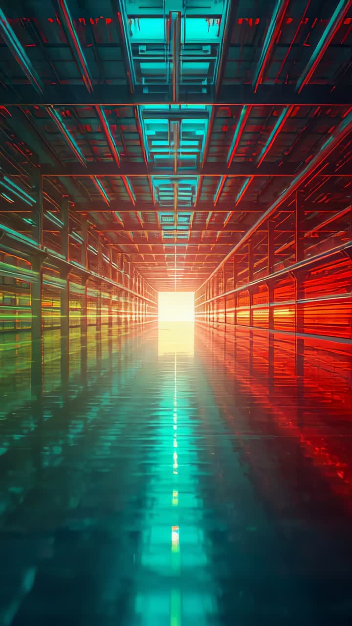 Vertical video: Moving camera down metal corridor toward glowing portal, mirrored teal floor