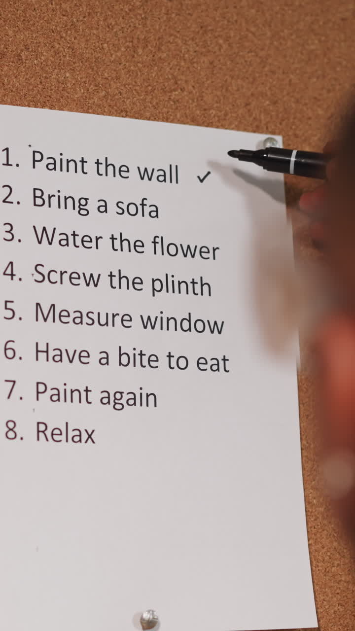 Black repairman ticks accomplished to-do list items on cork board near brick wall closeup. African-American man and plan of flat repairing stages