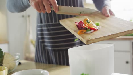 midsection of caucasian man wearing apron, standing in kitchen, celaning waste