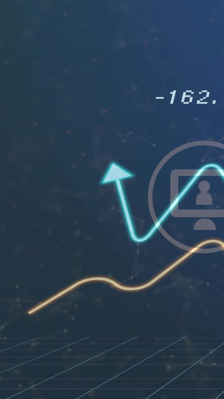 Vertical video: Moving gold and cyan lines across UI on data update, showing metrics near monitor
