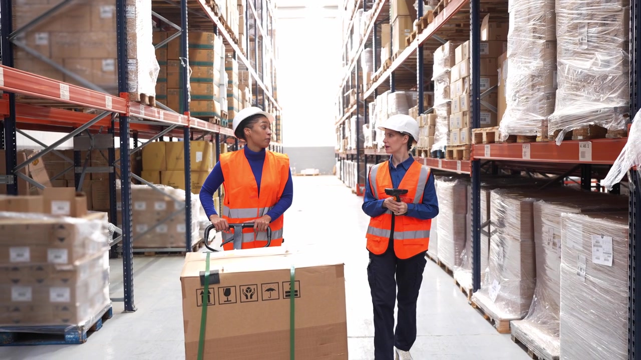 Warehouse Workers Discussing Logistics While Moving Pallet with Hand Truck