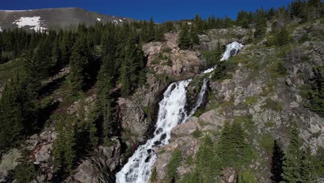 aerial view of waterfall with glacial water in mountain landscape on sunny summer day