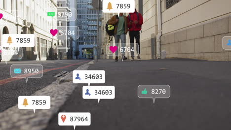 animación de iconos de las redes sociales sobre dos hombres afroamericanos discutiendo mientras caminan por la calle