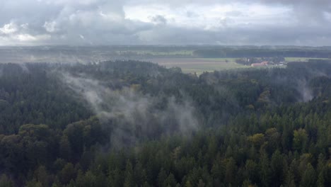 rising fog over a forest with an idyllic situated farming house in the background of the rural countryside