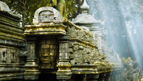 ancient temple ruins in cambodia illuminated by sunlight through trees