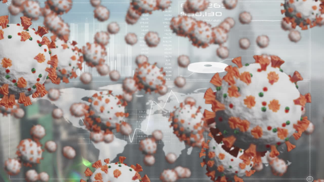 세계 지도 위에 떠다니는 거대한 코로나19 세포의 애니메이션과 배경에는 도시 풍경이 있습니다.